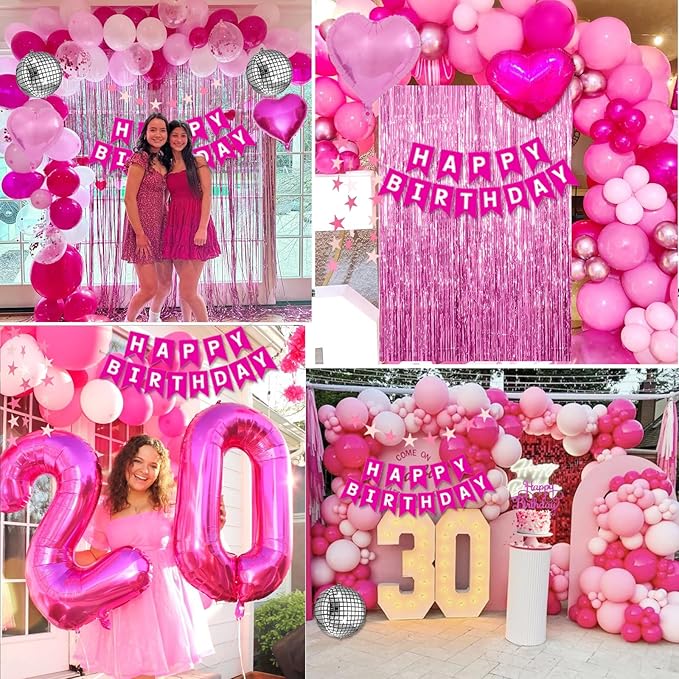 Pink Birthday Party Decorations for Women Girls with Happy Birthday Banner Paper Pompoms Fringe Backdrop Star garland Hot Pink Balloons Princess Décor