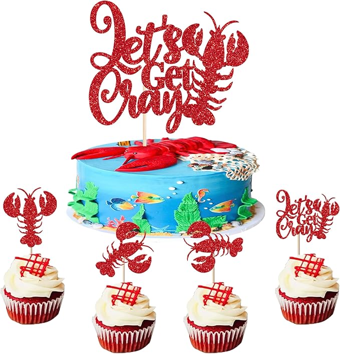 25 Pack Crawfish Happy Birthday Cake Topper Glitter Lobster Let's Get Cray Seaweed Theme Birthday Cake Pick for Baby Shower Ocean Party Cupcake Decoration Supplies