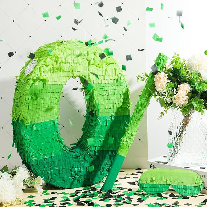 Number Piñata Decorations 16 Inch Gradient Green Piñata with Blindfold Stick and Confetti for Birthday Baby Shower Safari Jungle Themed Party Supplies Centerpiece(Number 0)