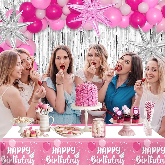 Hot Pink Birthday Decorations for Women Girls, 85pcs Happy Birthday Decor Silver Party Decoration Foil Star Balloons Curtains Banner Tablecloth Light Pink Party Supplies 13th 16th 18th 21st