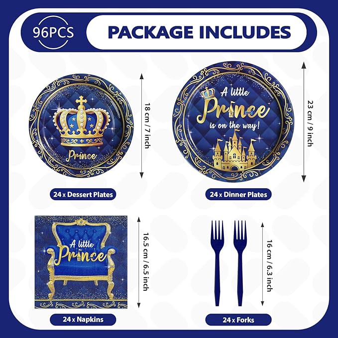96Pcs Royal Prince Baby Shower Decorations A Little Prince is On His Way Plates and Napkins Blue Gold Little Prince Tableware Set for Kid Boy Baby Shower Birthday Party Supplies Serves 24