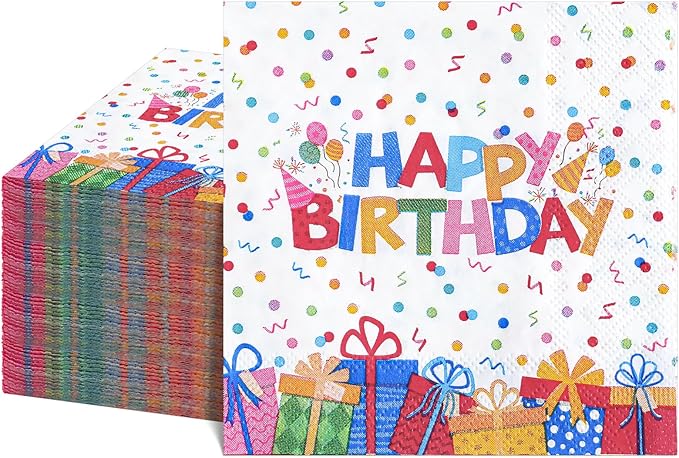 100 Pcs Happy Birthday Napkins Kids 5X5 Inch Rainbow Birthday Cocktail Napkins with Colorful Dots and Gift Boxs Pattern Design, Birthdays Party Supplies Suitable for Women & Kids