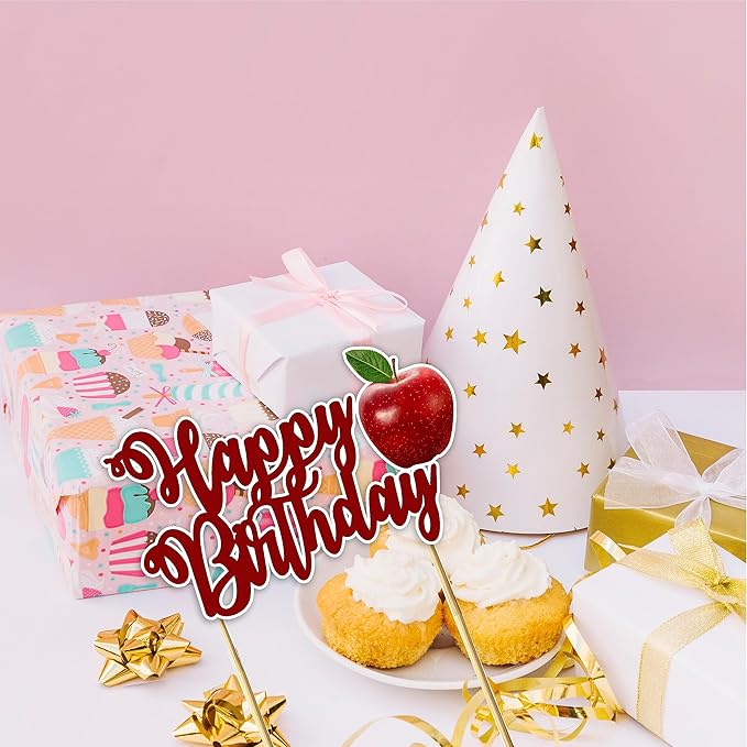 Apple Happy Birthday Cake Topper – Fresh Fruit Theme Cake Decoration for Birthday Celebration, Apple Inspired Dessert Topper for Party Cakes, Table Display Styling, Photo Setup, and Colorful