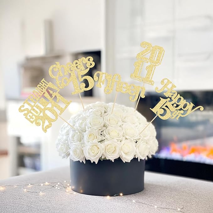 Gyufise 15Pcs Happy 15th Birthday Centerpiece Sticks Fifteen Straight Outta 2011 Table Flower Centerpieces Sticks for Cheers to 15th Birthday Party Supplies Gold