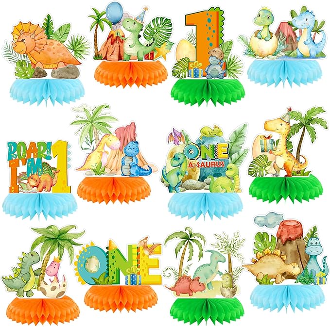 12 Pcs One a Saurus Birthday Decorations Dinosaur Honeycomb Centerpieces Dinosaur 1st Table Decoration Green Blue Dino Table Topper for Jungle Safari Birthday Party Favors Supplies