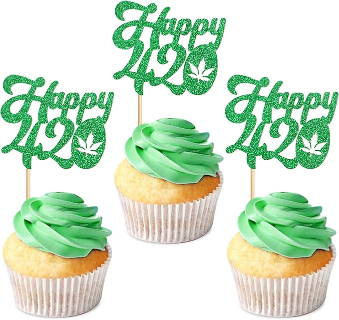 Ercadio 24 Pcs Green Glitter Marijuana Cupcake Toppers Have a Dope Birthday Cake Topper Cake Decorations for Men Women Marijuana Them 420 Birthday Party Supplies