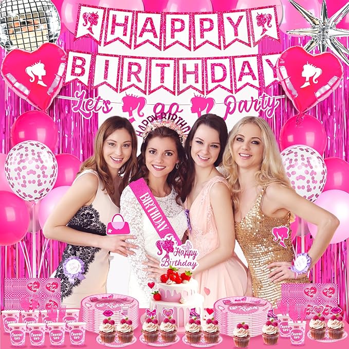 187Pcs Hot Pink Birthday Party Decoration Supplies, with 20 Plates Tableware Set and Birthday Banner Backdrop Foil Balloons Stand Cake Toppers Sunglasses Photo props Etc for Girls Women Party Decor