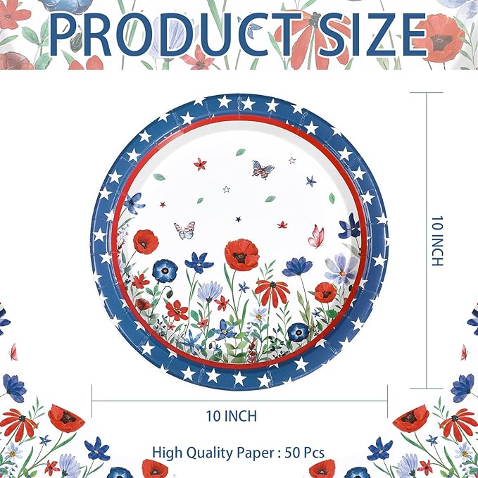 50Pcs Patriotic Paper Plates 10'' Large Heavy Duty Patriotic Veterans Day Platters Red White Blue Star Plates American Flag Theme Decor for USA 4th of July Memorial Day Birthday Party Decorations
