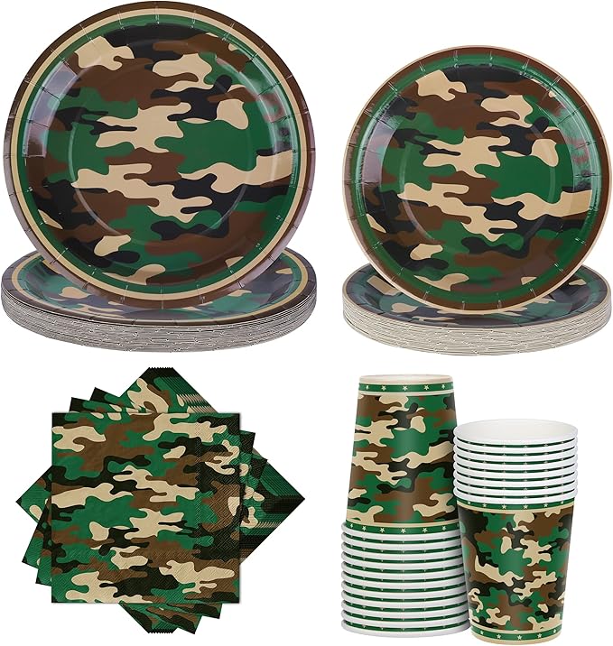 durony 96 Pieces Camouflage Themed Party Supplies Serve 24 Include Dinner Paper Plates Luncheon Napkins Party Cups for Camouflages Hunting Army Military Civil War Party Decorations