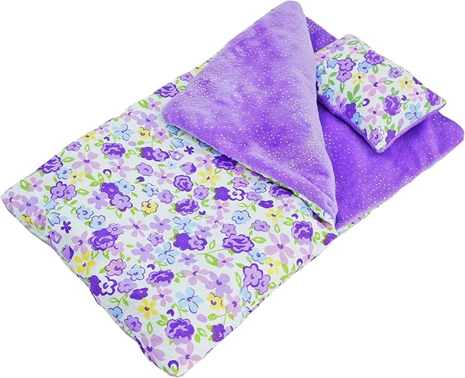 June Garden Cozy Dream Reversible Doll Sleeping Bag - 2-Piece Playset Doll Accessory with Pillow - Fits 18" American Girl Dolls - Gifts for Girls 2 3 4 Year Old