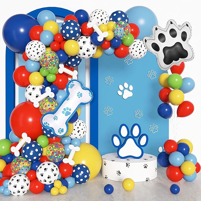 Amandir 155pcs Paw Balloons Garland Arch Kit with Dog Bone Paw Print Foil Balloons, Red Yellow Blue Green Paw Balloon for Boy Paw Themed Birthday Party Decorations Supplies