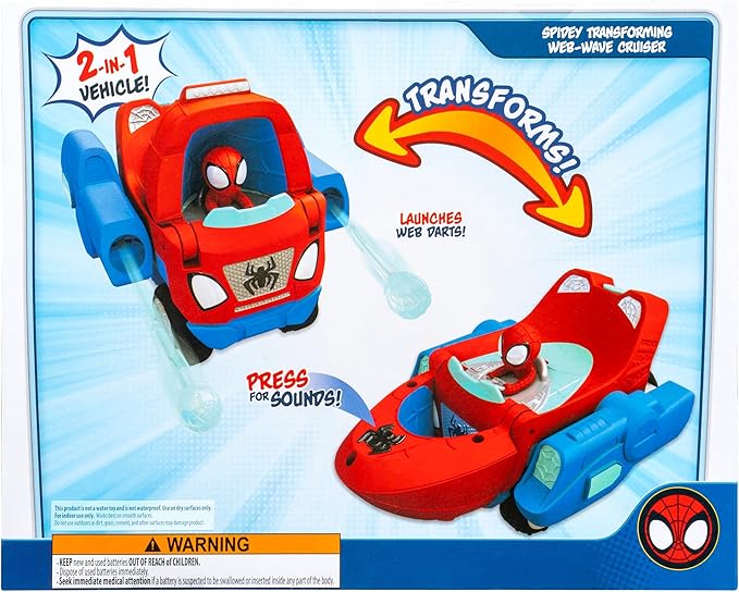 MARVEL Spidey and His Amazing Friends Spidey Transforming Web-Wave Cruiser - 9-Inch 2-In-1 Vehicle with Free Wheels and Web Dart Launchers