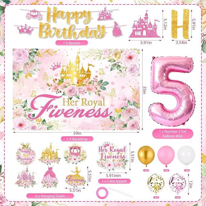 Princess 5th Birthday Party Decorations, Her Royal Fiveness Birthday Banner Pink Princess 5th Backdrop Banner Hanging Swirls Balloons Cake Topper for 5 Years Old Girl Bday Party Supplies