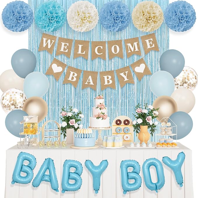 Ouddy Party Dusty Blue Baby Shower Decorations for Boy with Welcome Baby Banner Baby Boy Blue Champagne Sand Foil Balloons Fringe Curtains Paper Pom Poms for Baby Shower Gender Reveal Party Supplies