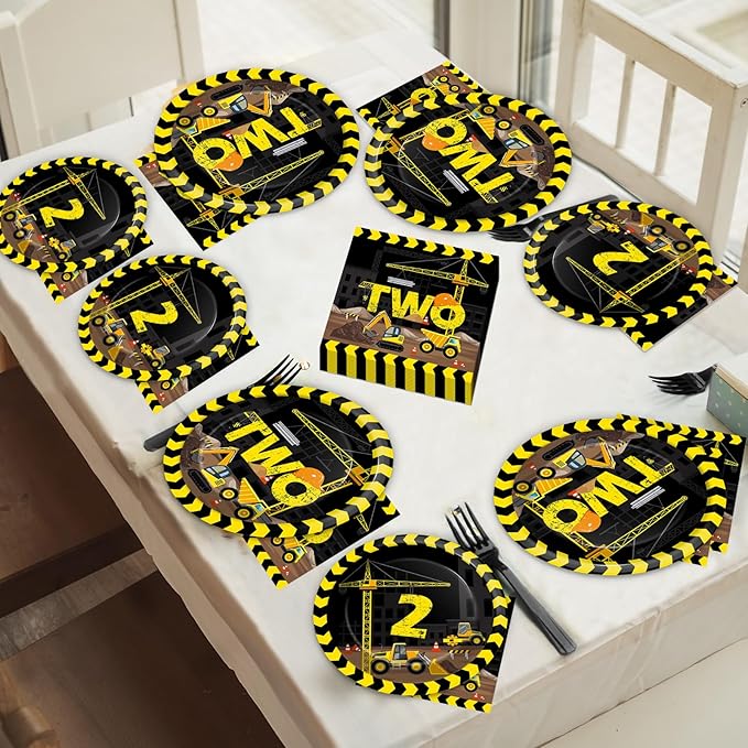 50 Guests Construction Birthday Plates and Napkins Forks Party Supplies Construction Truck Two Party Decorations Disposable Tableware Set Dinnerware Paper for Two Year Old Baby 2nd Birthday, 200PCS