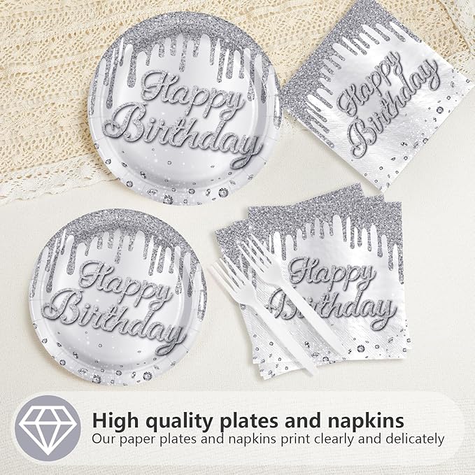 96 Pcs Silver Glitter Party Supplies Silver Plates and Napkins Glitter Diamonds Theme Birthday Decorations for Denim and Diamonds Wedding Silvers Birthday Party Decorations Serves 24