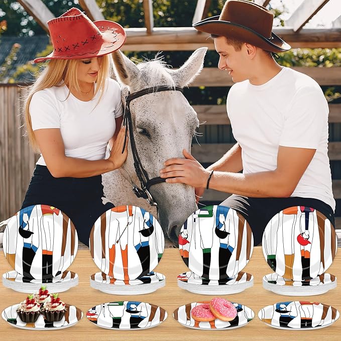 CHUNNIN 48Pcs Derby Party Paper Plates for Derby Day Party Supplies 7" Horse Racing Jockey with Horse Legs Disposable Dessert Plates for Equestrian Enthusiasts Birthday Baby Shower Decorations