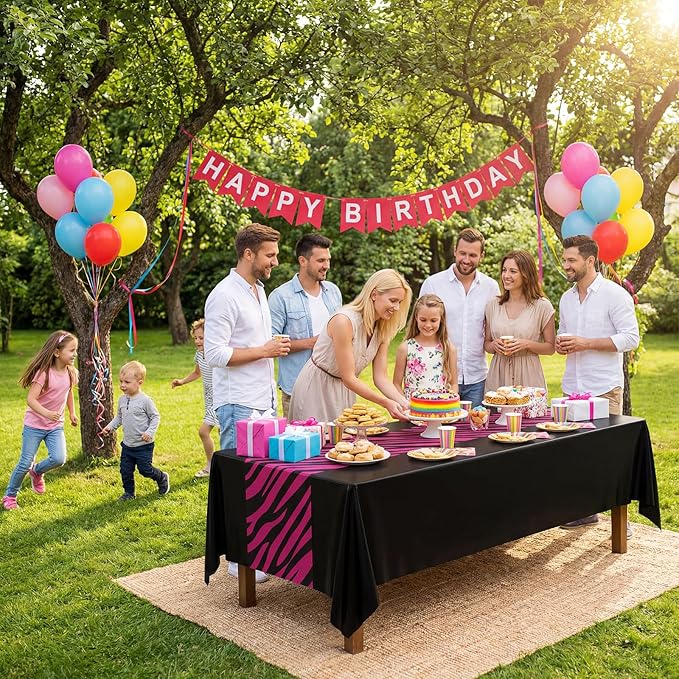 Buryeah 3 Pcs Zebra Tablecloth Zebra Print Plastic Tablecloth Animal Safari Table Cover 54 x 108'' for Baby Shower Wedding Birthday Party Decorations Supplies (Hot Pink, Black)