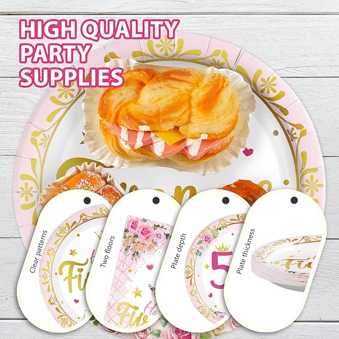 Grencian 96Pcs Princess Birthday Decorations Pink Princess 5th Birthday Party Plates and Napkins Disposable Her Royal Fiveness Paper Tableware for Girls 5 Year Old Castle Party Supplies, Serves 24