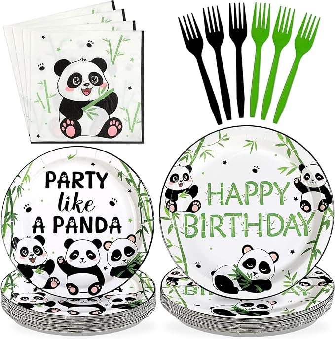96 Pcs Panda Birthday Decorations Party Like a Panda Paper Plates and Napkins Green Bamboo Animal Themed Tableware Sets for Kids Birthday Baby Shower Newborn Party Supplies Serves 24