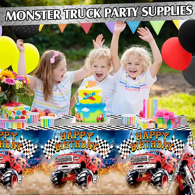 Mifoci 3 Pcs Monster Truck Birthday Party Tablecloths Monster Machine Table Covers Large Plastic Disposable 108 x 54 Inches for Truck Theme Kid's Boys Birthday Shower Party Supplies (Classic)