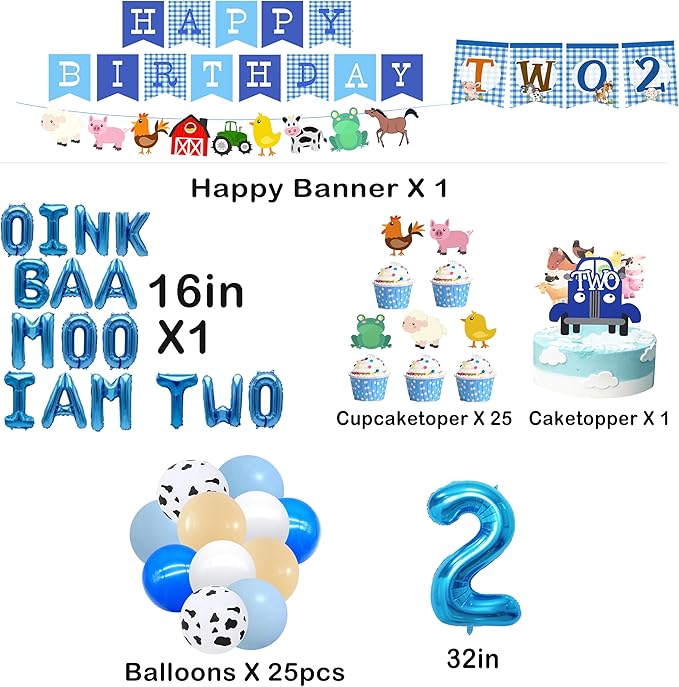 Oink Baa Moo Im Two Birthday Boy,Farm Animal 2nd Birthday Party Decorations Boy,2nd Birthday Party Decorations Boy.Blue 2nd Truck Birthday Party For Boy
