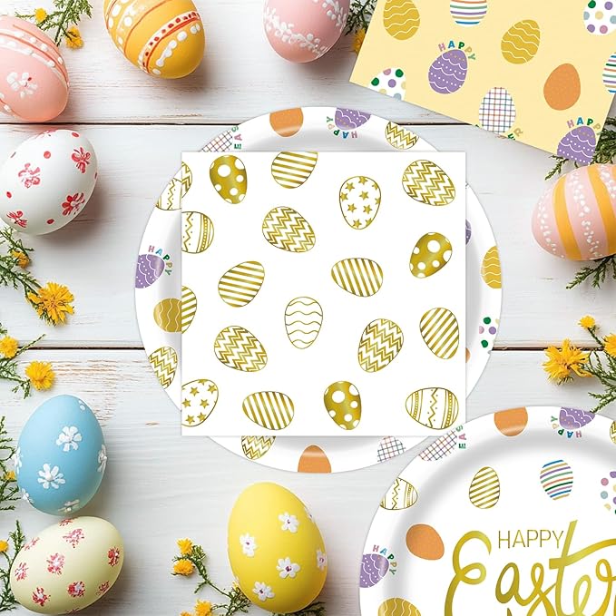50pcs Easter Paper Plates &Napkins, Disposable 7IN Easter Plates Egg Dinner Napkins Double-sided Paper Party Supplies for Happy Easter Spring Baby Shower Birthday Dinner Decorations Serve 25