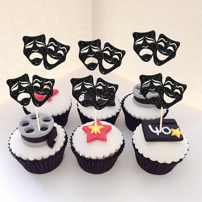 24 PCS Theatrical Mask Cupcake Toppers Glitter Comedy Movie Night Cupcake Picks for Film Festival Theme Birthday Party Cake Decorations Supplies Black