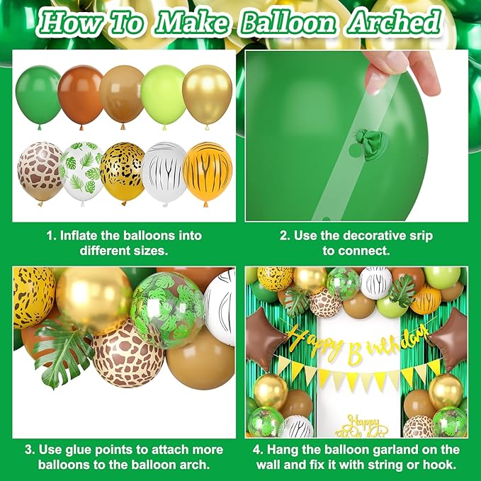 Jungle Safari Birthday Decorations, Safari Theme Party Supplies with Green Brown Animal Print Balloons Happy Birthday Banner Cake Topper Fringe Curtain Palm Leaves for Woodland Themed Party Decor