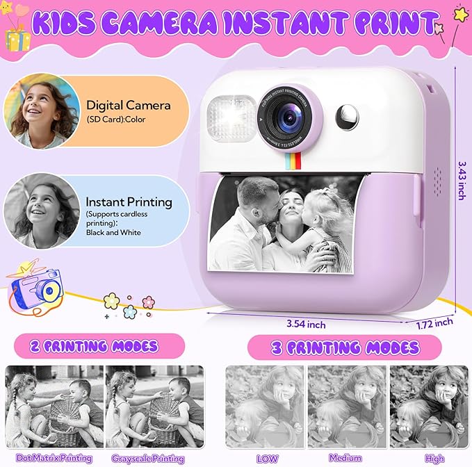 Photomaker Kit Kids 1080P Instant Print Camera for Kid 93 Pcs DIY Journal Kit for Girls Kids Camera Instant Print with 3 Roller Photo Paper Ideas Birthday Gifts and Toys for Girls Boys Age 6-14 Purple