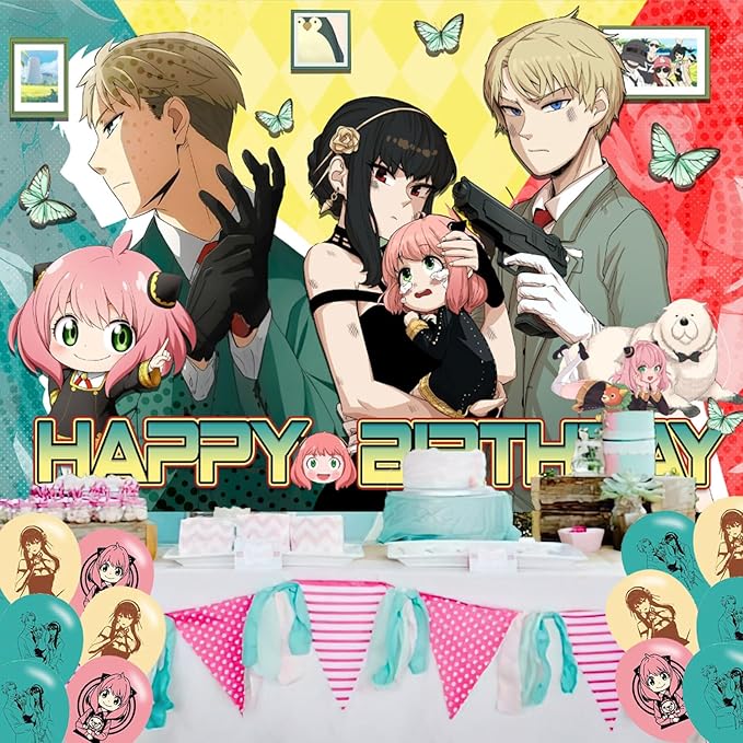 Spy Family Birthday Party Decoration,Anime Party Photo Background 5 x 3 FT and 18 Pcs Balloon,Anime Merch Party Backdrop Supplies