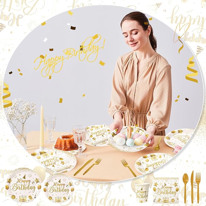Vesici 350 Pcs Happy Birthday Party Supplies Disposable Party Tableware Set Serves 50 Included Plates Napkins Cups Cutlery for Men Woman 50th 80th Birthday Party Decorations(White Gold)