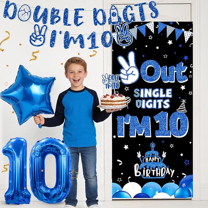 10th Birthday Decorations for Boys Blue, Double Digits Birthday Party Supplies with Out Single Digits I'm 10 Backdrop Balloons Glitter Banner for 10 Year Old Birthday Decoration