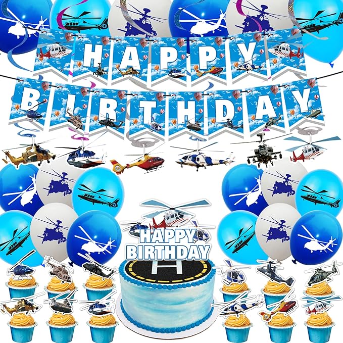 Helicopter Birthday Party Supplies Helicopter Party Decorations Airplane Themed Party Supplies Includes Balloons Birthday Banner, Spirals, Cake Cupcake Toppers for Helicopter Aviator Aviation Party