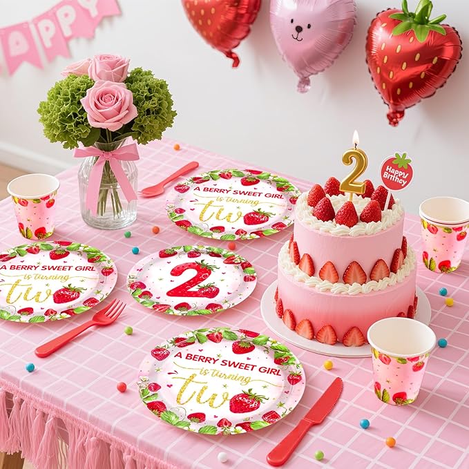 168Pcs Strawberry 2nd Birthday Party Decorations A Berry Sweet Girl is Turning Two Plates Napkins Cups Forks Knives Spoons Disposable Paper Tableware for Birthday Baby Shower Party Supplies Serves 24
