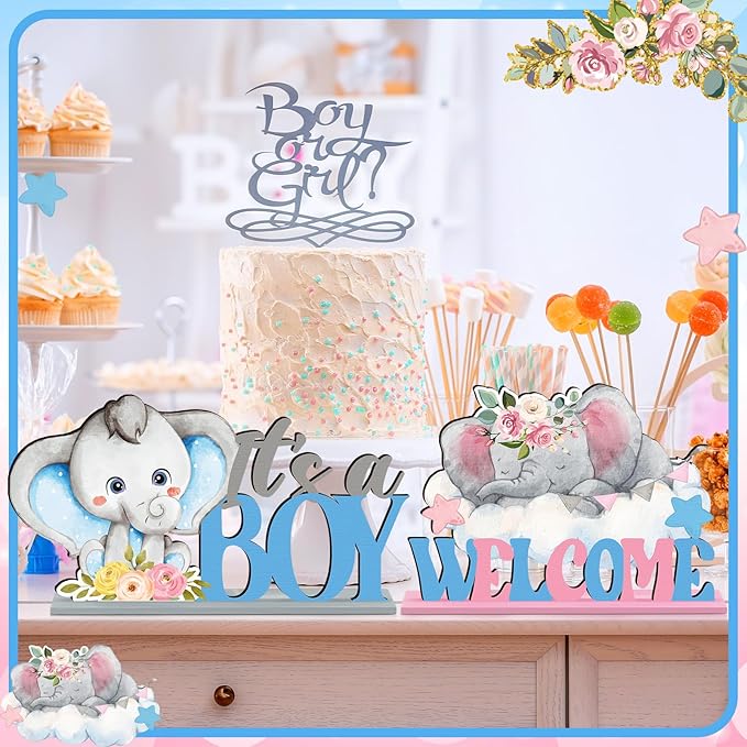 6 Pcs Elephant Gender Reveal Table Decorations He or She Baby Shower Party Centerpieces Elephant Theme Gender Reveal Blue and Pink Wooden Signs for Baby Shower Newborn Decor Party Supplies