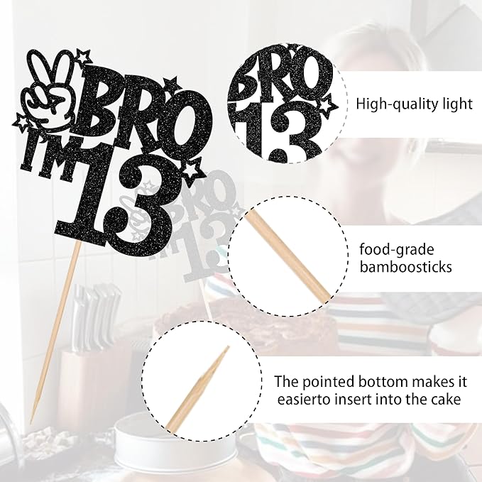 1 PCS Brother I'm 13 Cake Topper Glitter Star Happy 13th Birthday Cake Pick Bro I'm 13 Cake Decoration It's My 13th Birthday Decorations for Boys Cheers to 13 Years Old Birthday Party Supplies Black