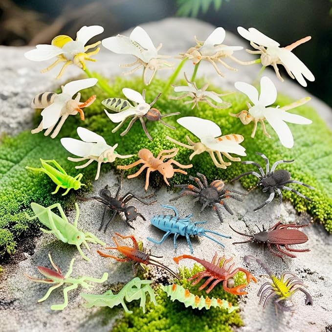 Insect Bug Toy Figures for Kids Boys Girls (24pcs), 2-4” Fake Bugs - Fake Spiders, Cockroaches, Scorpions, Crickets, Lady Bugs, Mantis and Worms for Education and Christmas Party Favors by Pinowu