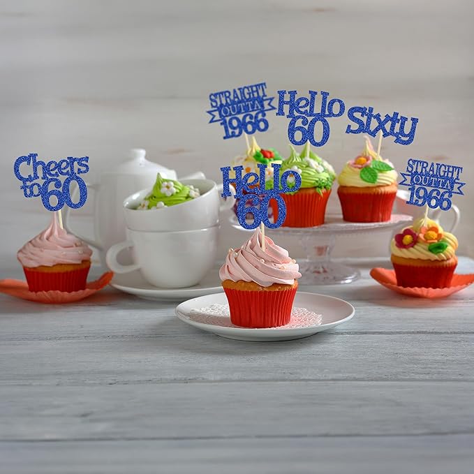 Ephlyn 24Pcs Happy 60th Birthday Cupcake Toppers Glitter Straight Outta 1966 Cupcake Picks Hello 60 Cheers to 60 Years Birthday Cake Decorations for 60th Birthday Anniversary Party Supplies Blue
