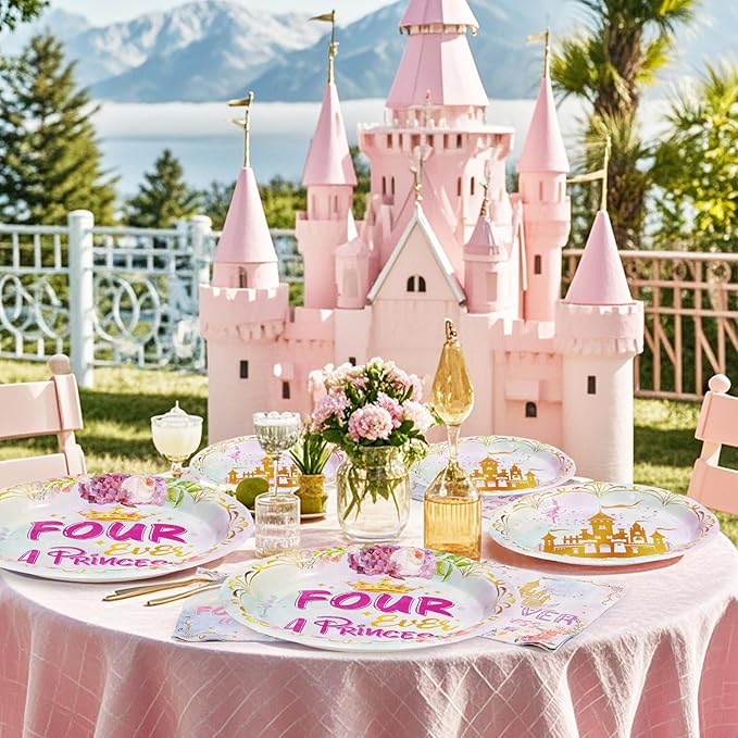 96 Pcs Princess Birthday Party Supplies 350 GSM Four Ever a Princess Plates and Napkins Tableware Set Watercolor Pastel Rainbow Castle Party Decorations for Girl 4th Birthday Fairytale Party Serves 24