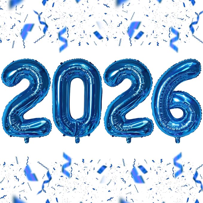 KALOR 16 Inch 2026 Blue Foil Number Balloons, 2026 New Years Decorations for 2026 Happy New Year Eve and Graduations Party Supplies