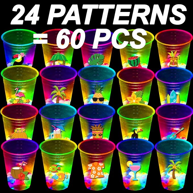 mishunyus 60 Pcs Glow Hawaiian Luau Party Cups, Flashing Tiki Party Cups, Tropical Luau Party Decorations Hawaiian Party Supplies Favor (16oz)