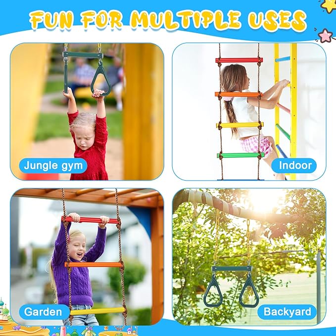 ShinyRelief 2 Pack Gym Swing Sets 48'' Trapeze Swing Bar Monkey Bar Heavy Duty Chain with Locking 6.8ft Climbing Rope Ladder Climbing Game for Accessories Tree House Playground Outdoor Play(Green)