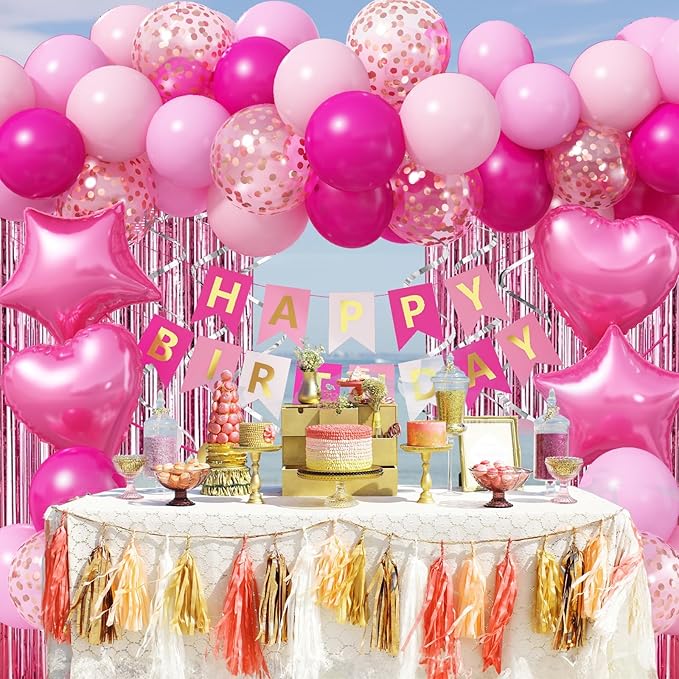 Pink Birthday Decorations for Girls, Hot Light Pink Balloon Garland Arch Kit Happy Birthday Banner Foil Curtain Heart Star Foil Party Balloons for Princess Party Decor