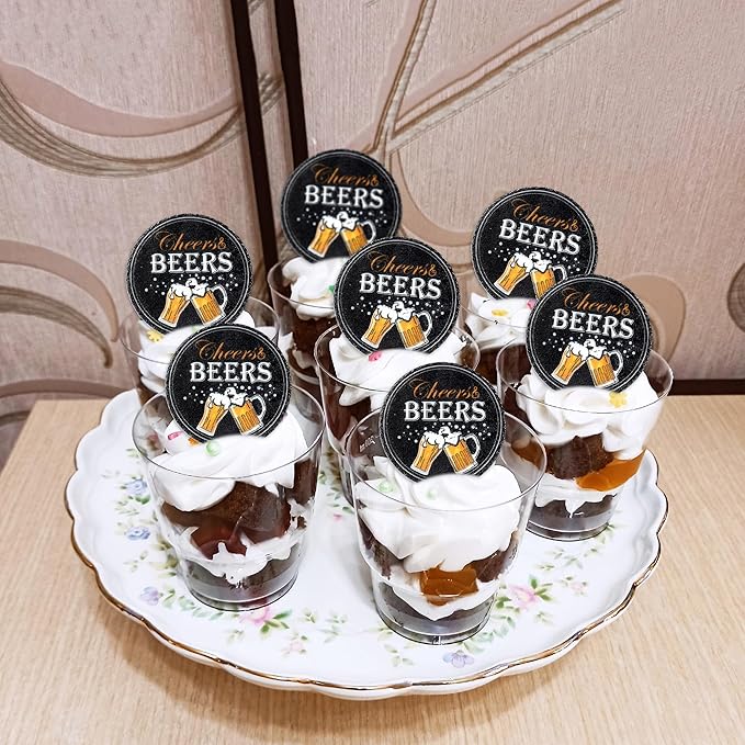 Ercadio 40 PCS Edible Beer Party Cupcake Toppers Cheers and Beers Happy Birthday Party Decorations for Father's Day Whiskey Beer Cake Drink Topper Favor for Summer Family Party Decor Supplies
