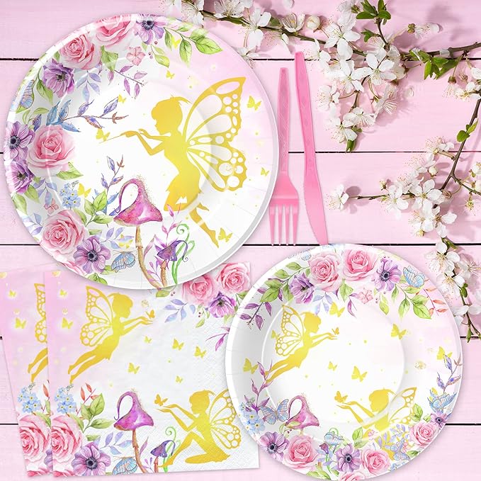 APOWBLS Fairy Birthday Party Supplies - Floral Gold Fairy Party Decorations for Birthday Baby Shower Spring Tea, Paper Plate, Cup, Napkin, Tablecloth, Cutlery | Serves 24