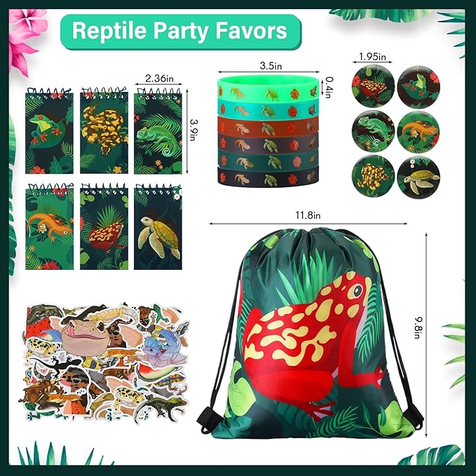 Paterr 142 Pcs Reptile Birthday Party Supplies Decorations Reptile Party Favors Bags Silicone Bracelet Wristbands Keychains Mini Notebooks Pencils Badges Stickers for Boy Girl Gift Reward