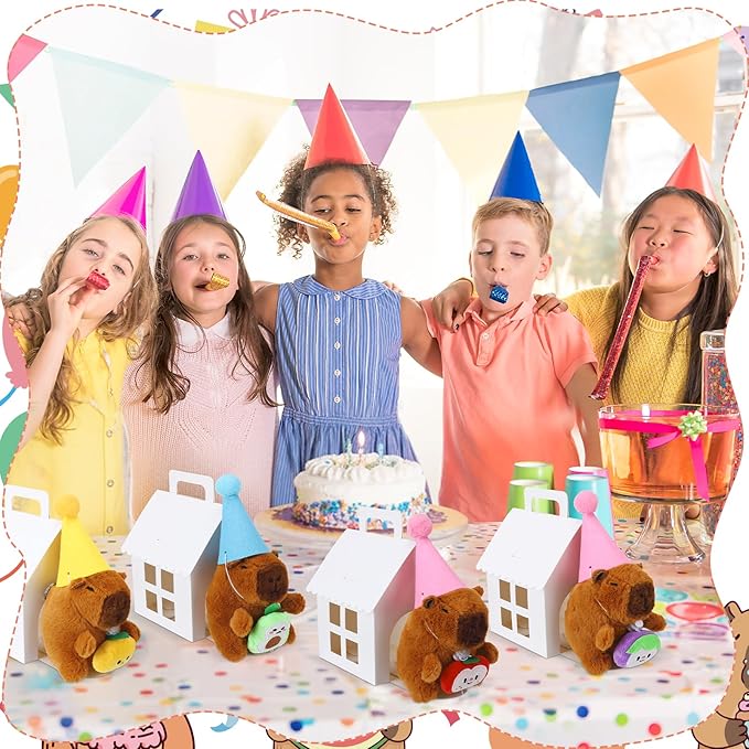 103 Pcs Adopt a Capybara Party Favors Capybara Themed Favors Boxes Include 12 Mini Plush Dolls 12 Boxes 12 Birthday Hats 12 Cards and 55 Stickers for Birthday Party Gifts Decoration