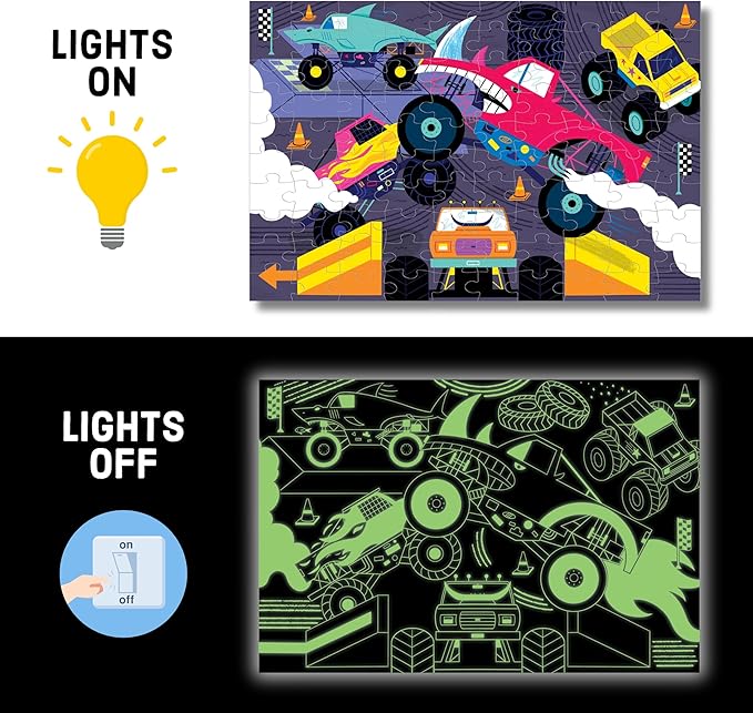 Mudpuppy Monster Trucks – 100 Piece Glow in The Dark Jigsaw Puzzle with an Exciting Scene of Trucks and Cars Racing and Hidden Speedy Details in The Dark