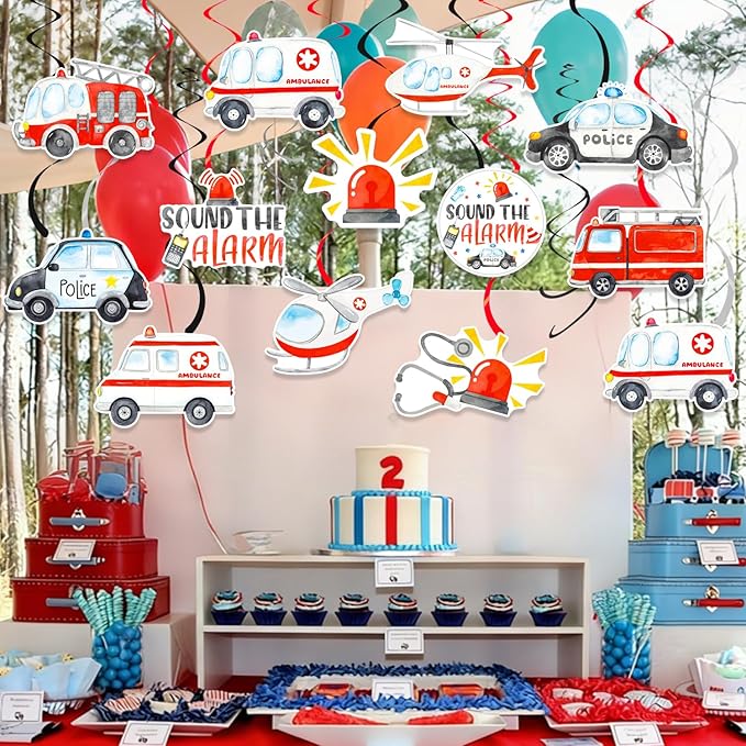 Emergency Vehicle Party Decorations 20PCS Rescue Vehicles Hanging Swirls Ambulance Firetruck Police Ceiling Streamers First Responders Birthday Baby Shower Wedding Party Supplies